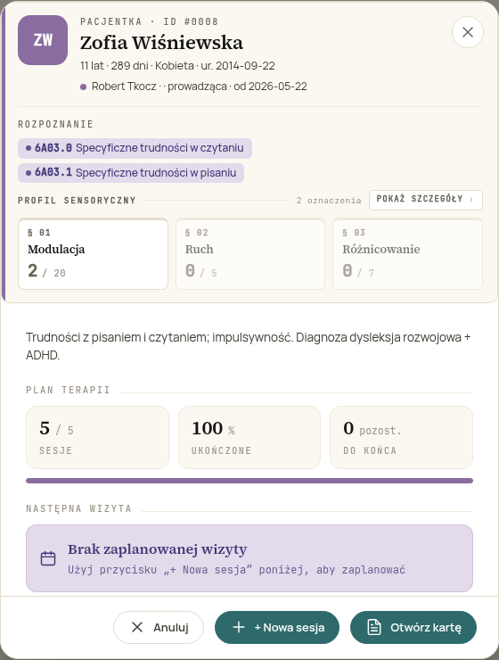 Karta pacjenta — szybki podgląd z rozpoznaniem, profilem sensorycznym i planem terapii